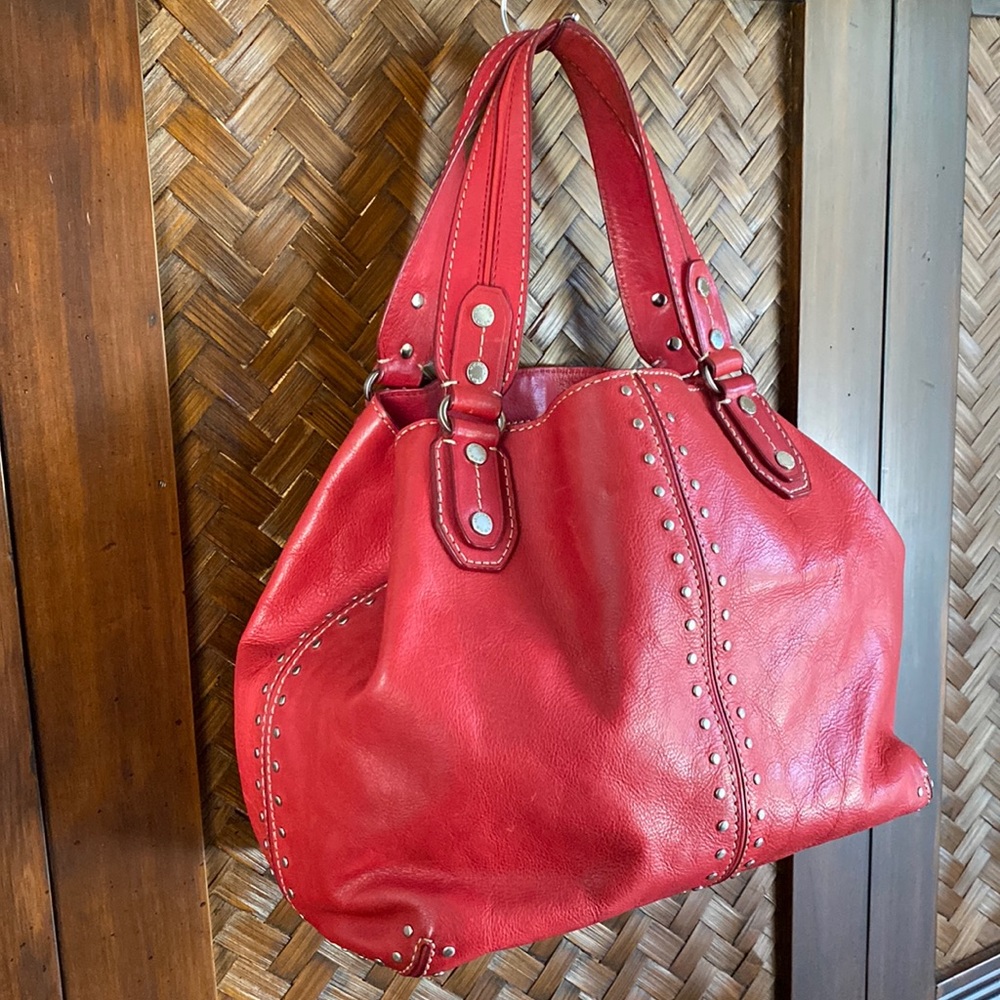 MICHAEL KORS - Red Pebble Leather Studded Handbag - Picture 3 of 10
